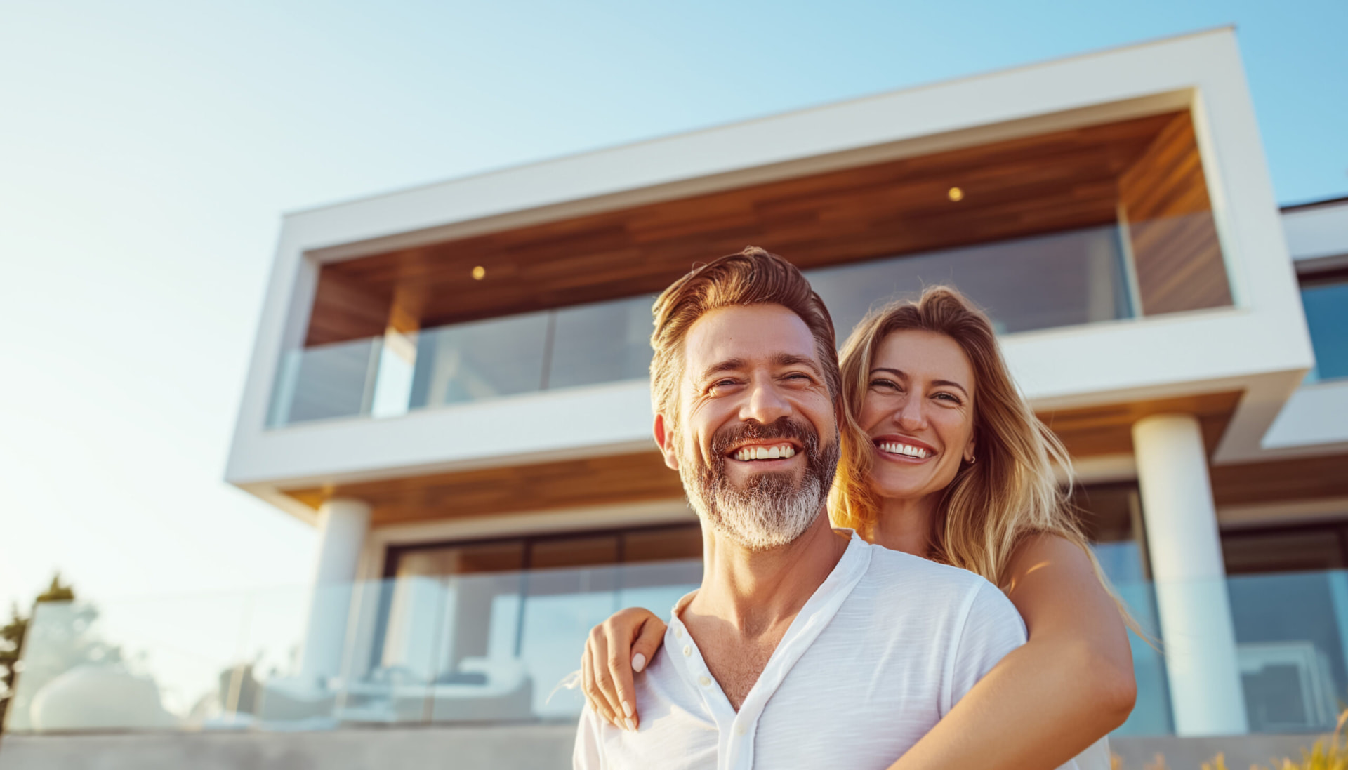 Smiling couple outside a modern coastal home